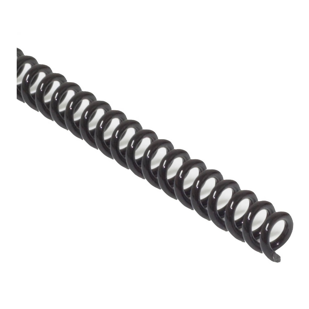 La espiral de encuadernación de plástico en acabado negro 6 mm de diámetro y paso 5:1 se distribuye en cajas de 100 espirales para encuadernar