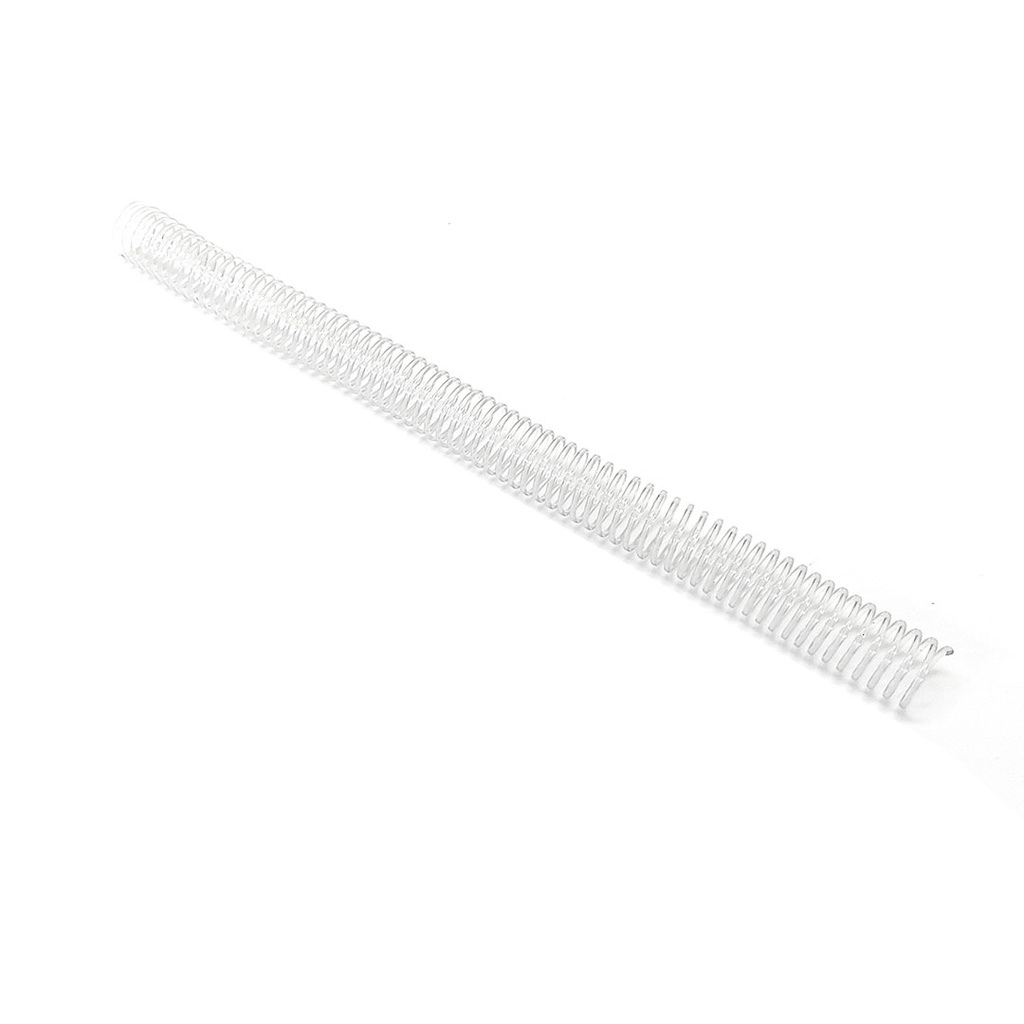 La espiral de encuadernación de plástico en acabado transparente 20 mm de diámetro y paso 5:1 se distribuye en cajas de 100 espirales para encuadernar