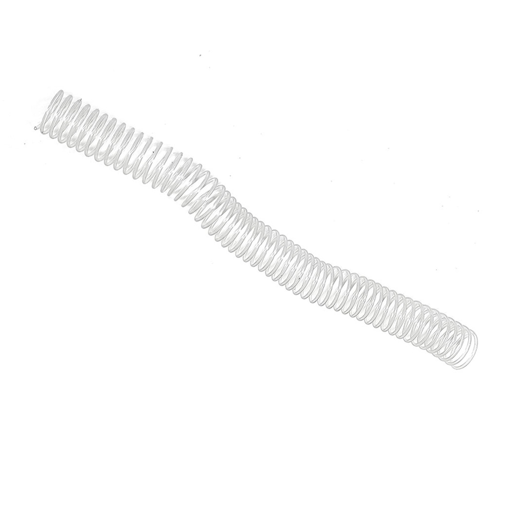 La espiral de encuadernación de plástico en acabado transparente 28 mm de diámetro y paso 4:1 se distribuye en cajas de 100 espirales para encuadernar
