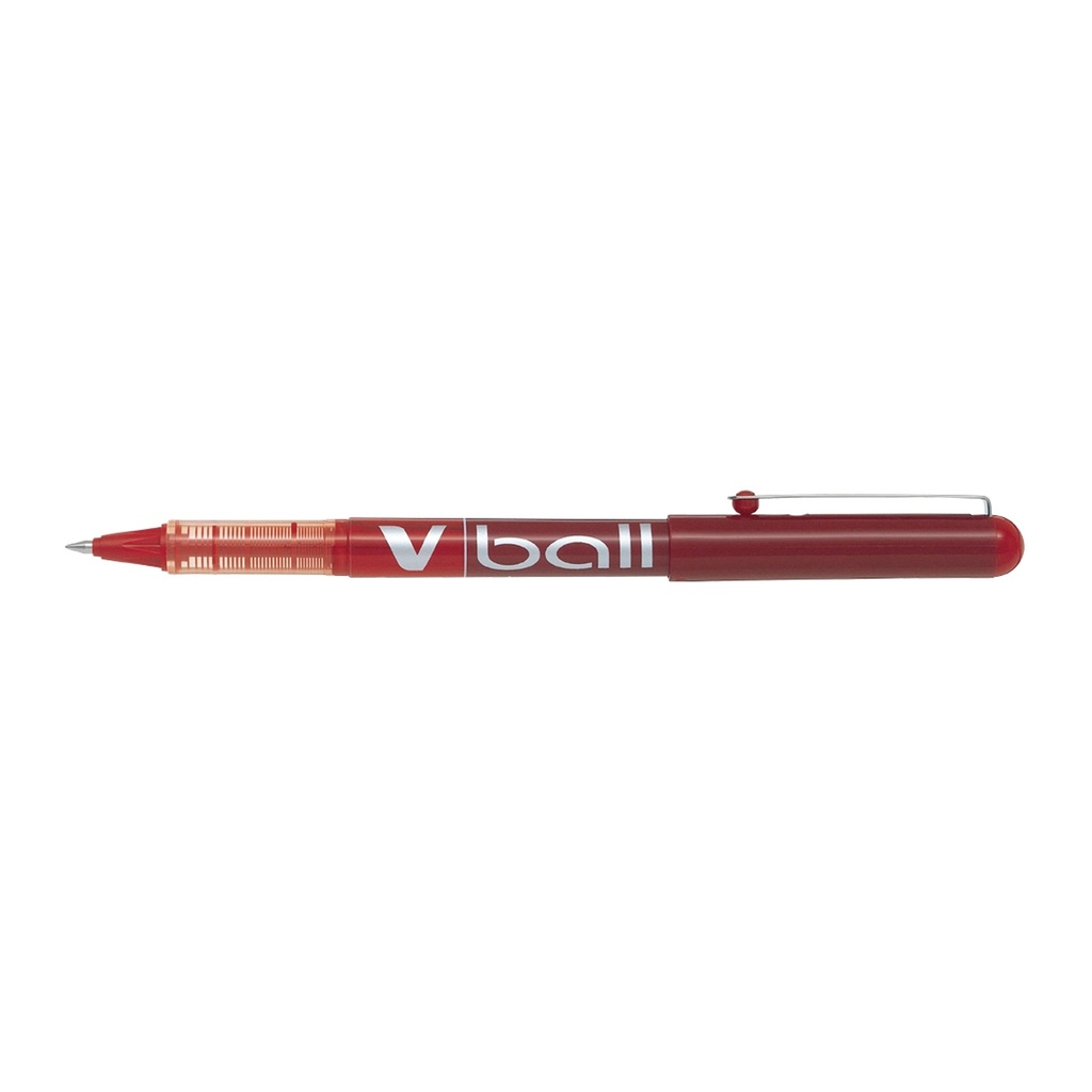 Bolígrafo Pilot V-Ball 0,5 rojo escribiendo sobre papel, primer plano del trazo y cuerpo transparente
