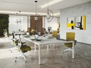 Mesa doble de reunión Prisma de Actiu con diseño escandinavo en color blanco y sillas TNK Flex de respaldo bajo