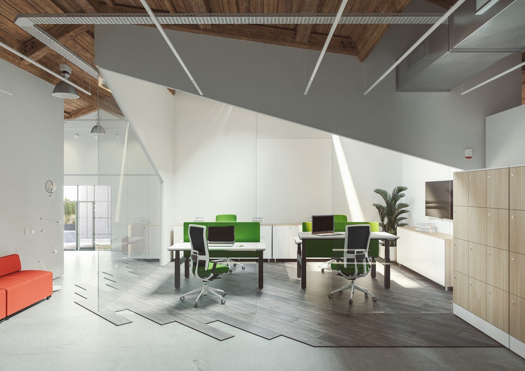 Oficina con mesa Mobility doble de Actiu con divisorias verdes