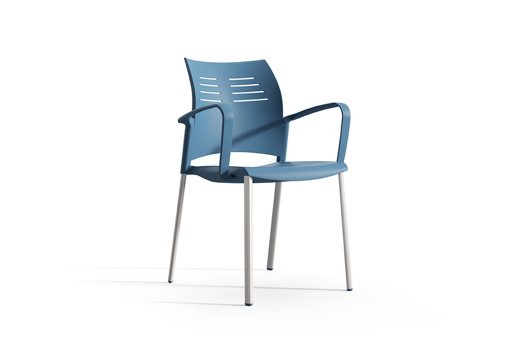 Sillas Spacio de Actiu con base de cuatro patas y carcasa de plástico y brazos en azul