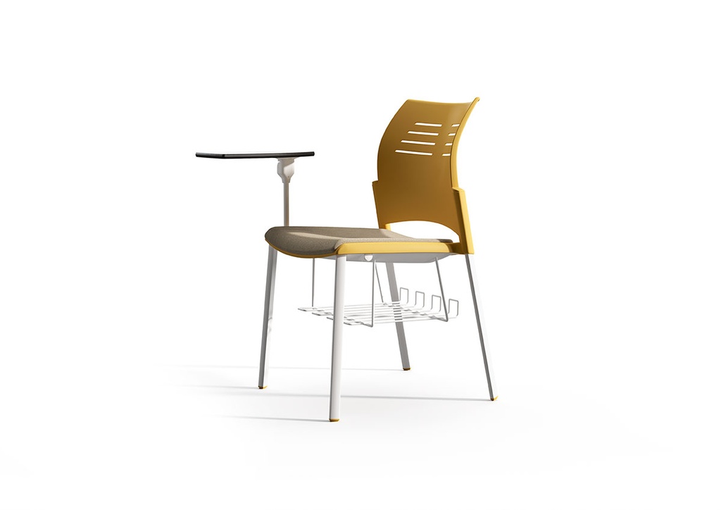Sillas Spacio de Actiu con base de cuatro patas, carcasa de plástico amarilla, rejilla inferior portadocumentos y pala de escritura abatible