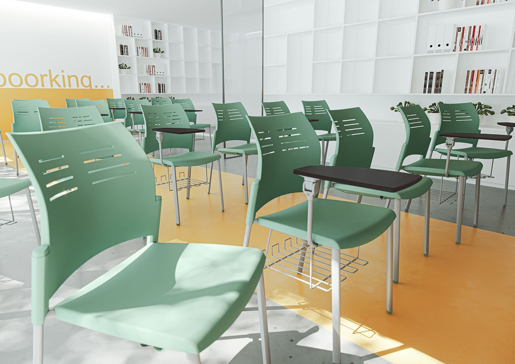 Sillas confidente Spacio verdes con pala de escritura negra en aula de formación