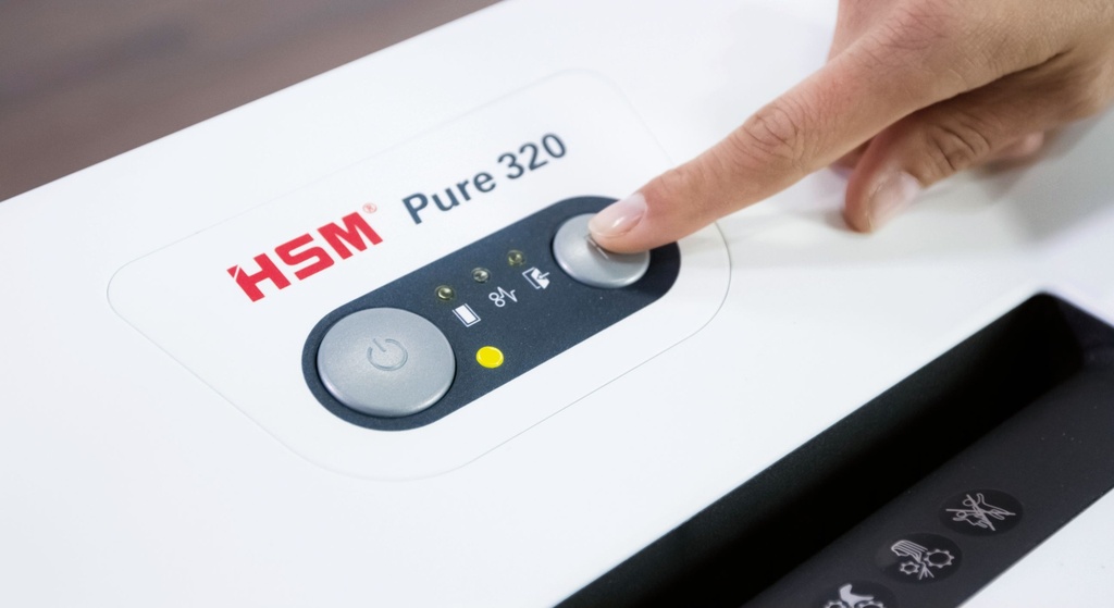 Destructora con ahorro de energía HSM Pure 320 con corte en partículas de 3,9 x 30 mm.