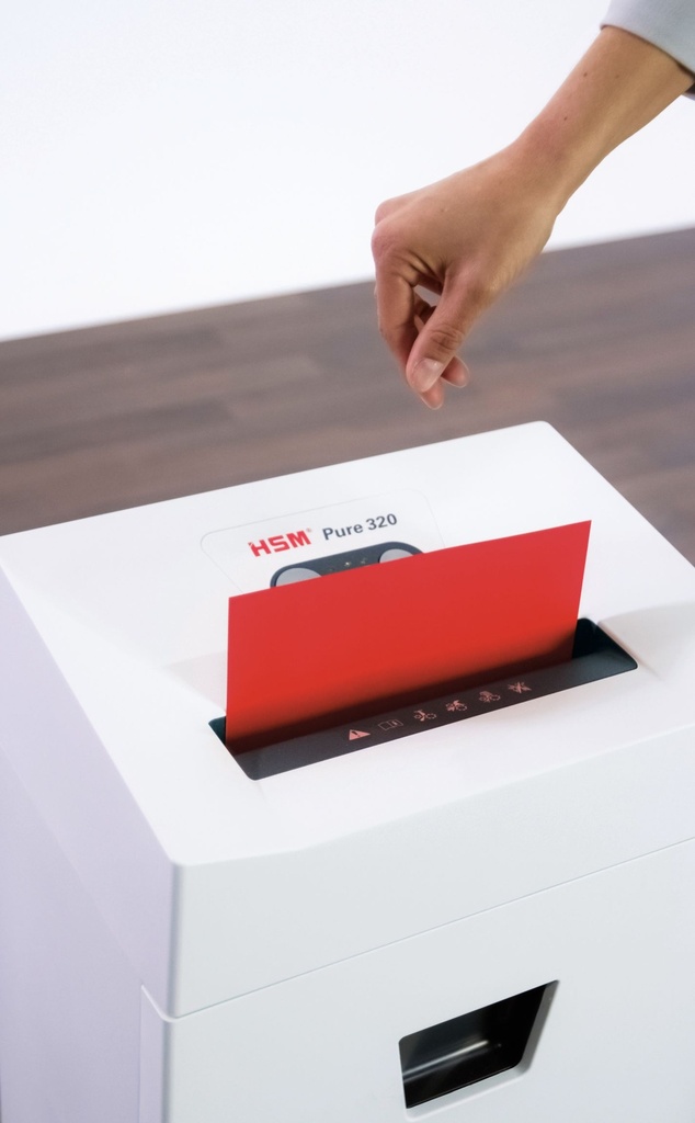 Destructora de documentos HSM Pure 320 con corte en partículas de 3,9 x 30 mm.