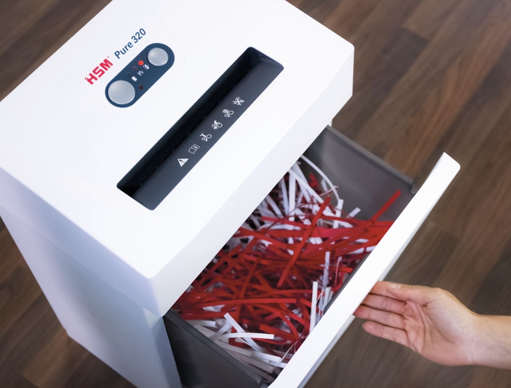 Fácil vaciado de la destructora de papel HSM Pure 420 con corte en tiras de 3,9 mm.