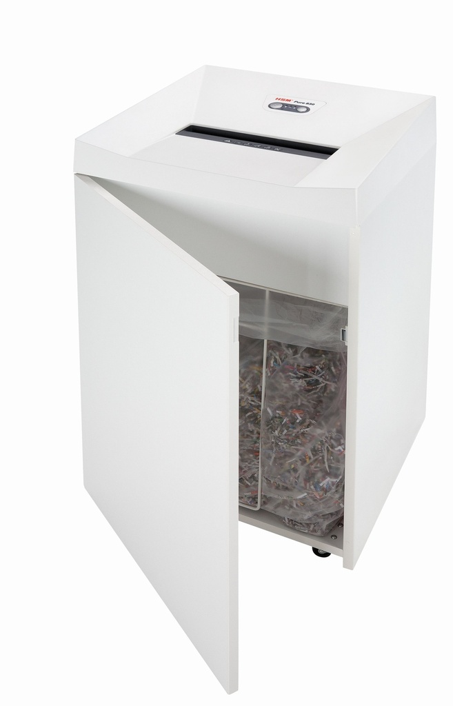 Destructora con puerta para papelera HSM Pure 830 con corte en tiras de 3,9 mm.