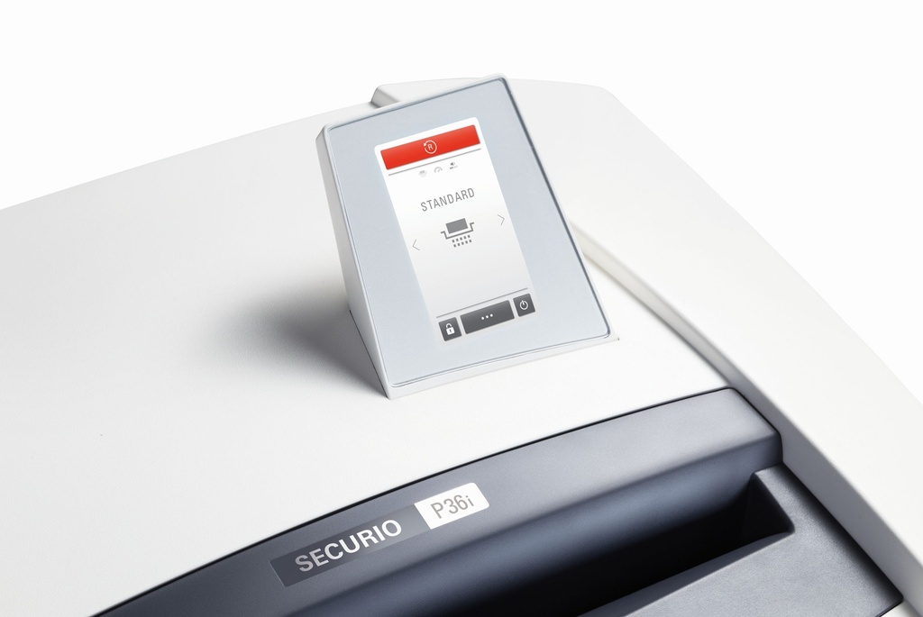 Destructora de papel con sistema Intelligent Drive HSM Securio P36i con corte en partículas de 1 x 5 mm.