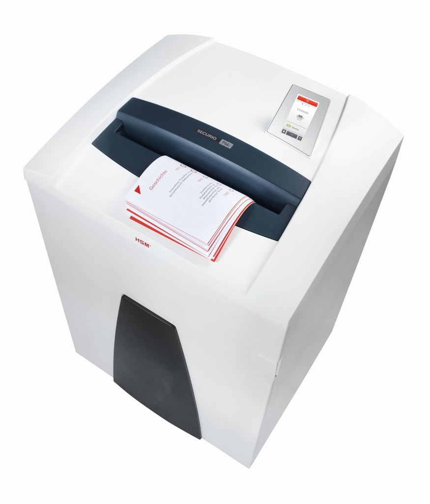 Destructora de documentos confidenciales con papelera extraíble HSM Securio P44i con corte en partículas de 1 x 5 mm.