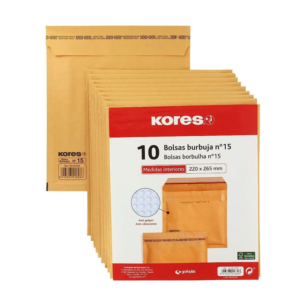 Bolsa kraft acolchada 220 x 265 mm Kores