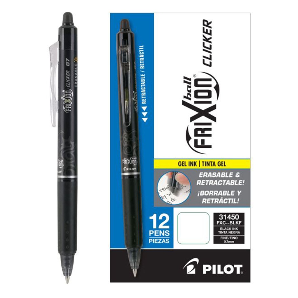 Bolígrafos retráctiles borrables Pilot FriXion Ball Clicker 0.7 negro (Caja de 12)