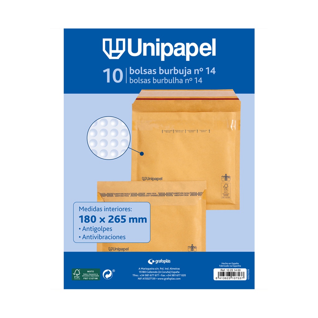 Bolsa kraft acolchada 180 x 265 mm nº14 Unipapel (Pack 10 unidades)