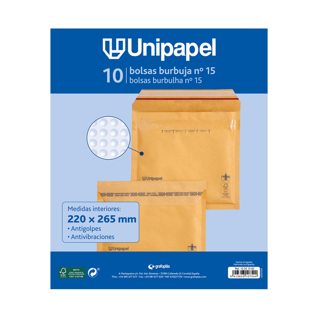 Bolsa kraft acolchada 220 x 265 mm nº15 Unipapel (Pack 10 unidades)