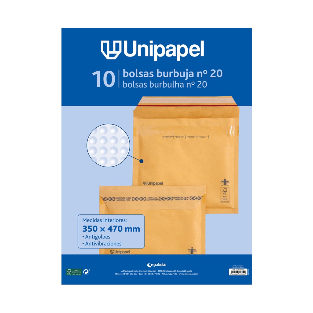 Bolsa kraft acolchada 340 x 470 mm nº20 Unipapel (Pack 10 unidades)