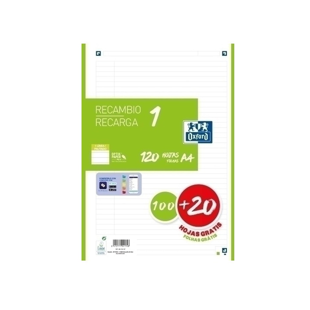 Recambio para 4 anillas A4 rayado verde Oxford (120 hojas)