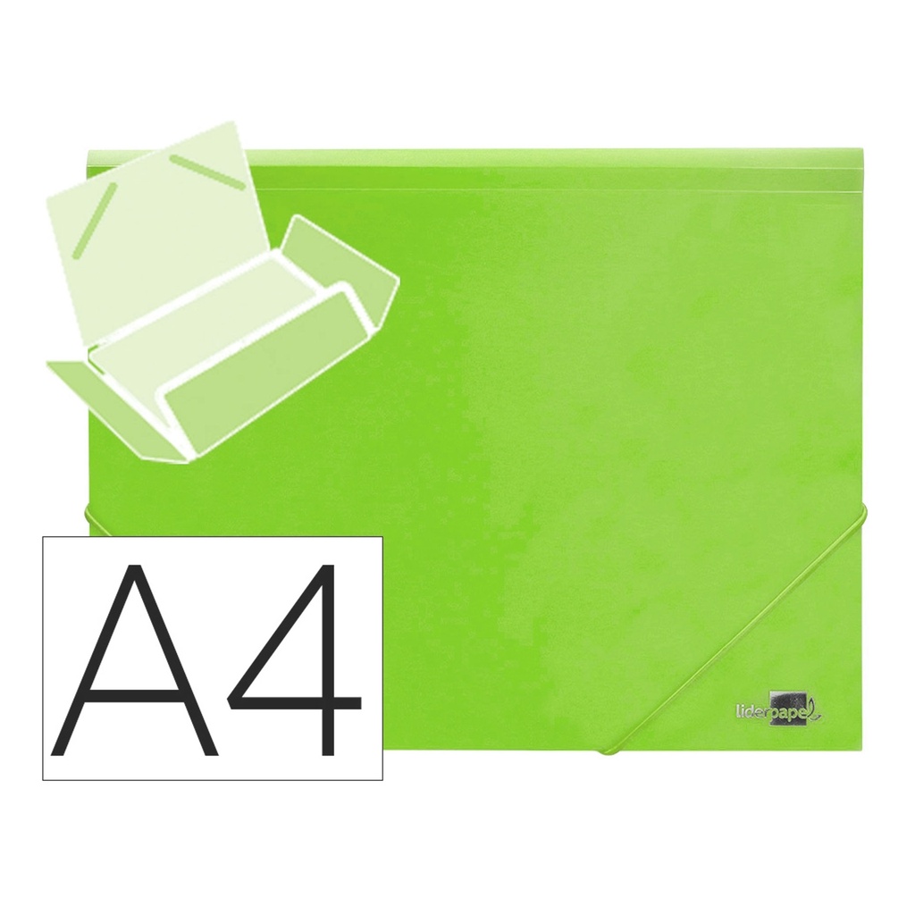 Carpeta de gomas de plástico verde traslúcido con tres solapas A4 Liderpapel