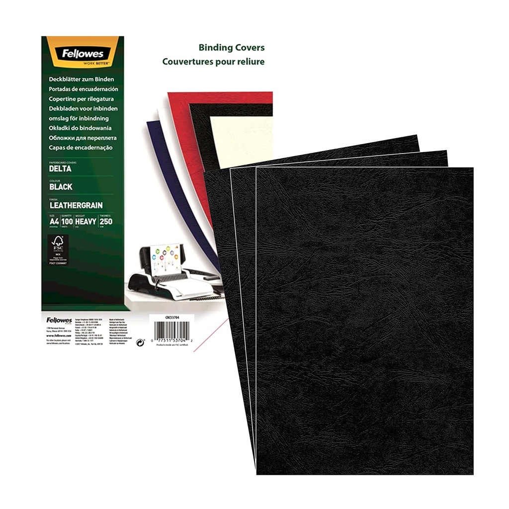 Portada de encuadernación A4 negro de cartulina de 250 g/m² Fellowes (Caja de 100)