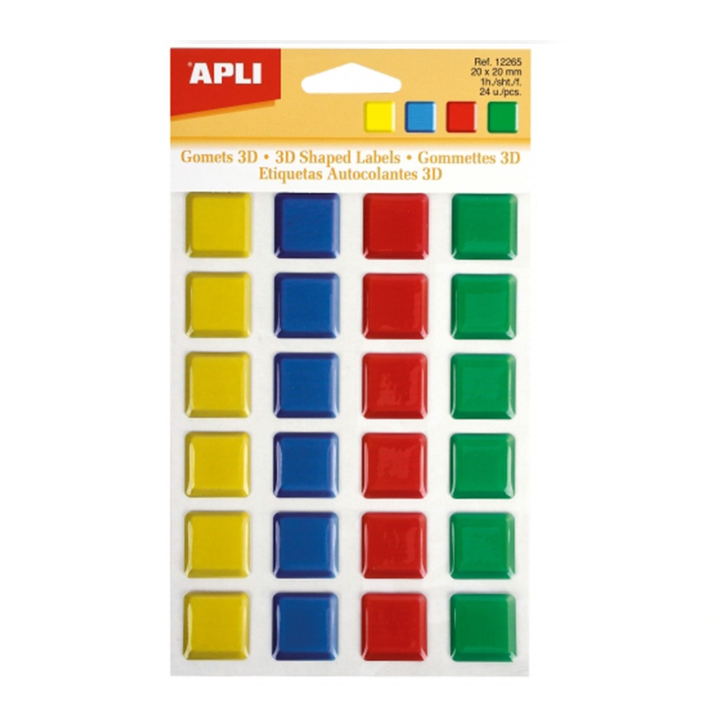 Gomets adhesivos 3D cuadrados 20 mm 4 colores (Blíster 24 unidades)