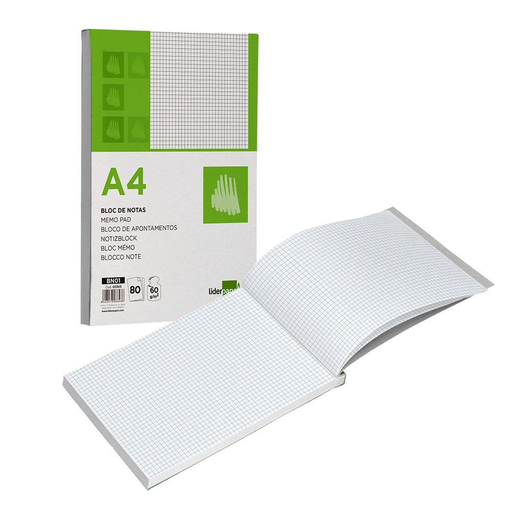 Bloc encolado y microperforado A4 cuadriculado 80 hojas Liderpapel