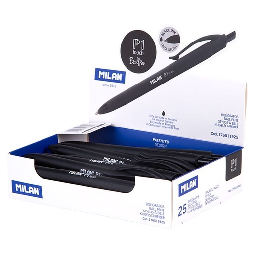 Bolígrafos retráctiles Milan P1 touch negro (Caja de 25)