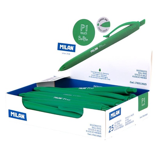 Bolígrafos retráctiles Milan P1 touch verde (Caja de 25 unidades)