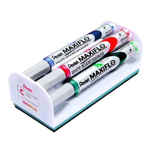 Borrador magnético con 4 rotuladores para pizarra blanca Pentel Maxiflo