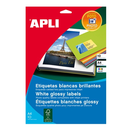 Etiquetas blancas calidad fotográfica APLI 02926 – 199,6 x 289,1 mm, adhesivo permanente – Pack de 10 hojas