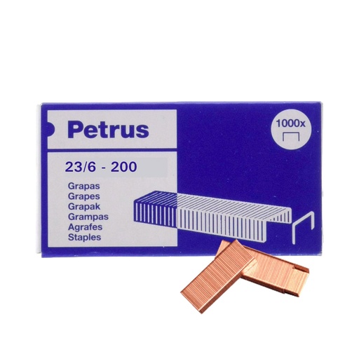 Grapas 23/6-200 cobreadas Petrus (Cajita 1000 unidades)