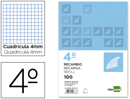 Recambio para 4 anillas 1/4 cuadriculado (100 hojas)