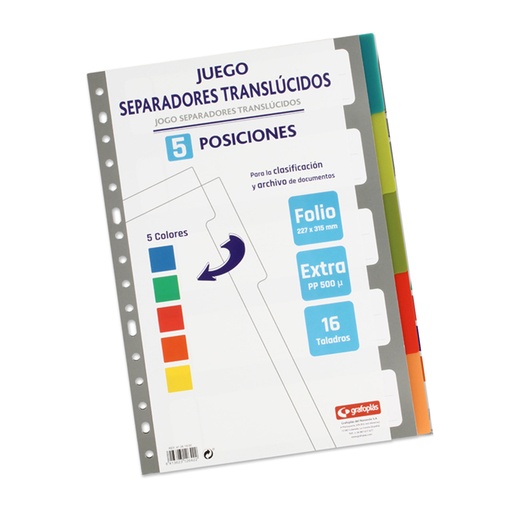Separadores de plástico de colores translucidos 6 hojas Folio Grafoplás