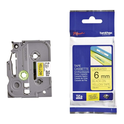 Cinta de rotuladora Brother TZe-611 negro-amarillo 6 mm x 8 m
