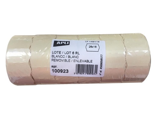 Rollo para etiquetadora blancas removibles de 26 x 16 mm. Apli 100923 (pack 6 rollos)