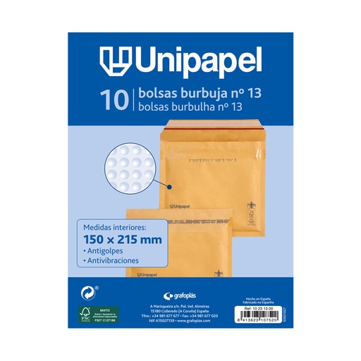 Bolsa kraft acolchada 150 x 215 mm nº13 Unipapel (Pack 10 unidades)