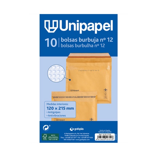 Bolsa kraft acolchada 120 x 215 mm nº12 Unipapel (Pack 10 unidades)