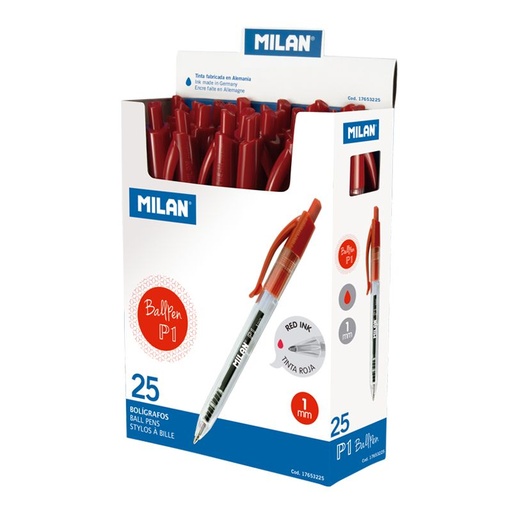 Bolígrafo retráctil Milan P1 Cuerpo transparente rojo (Caja de 25 unidades)