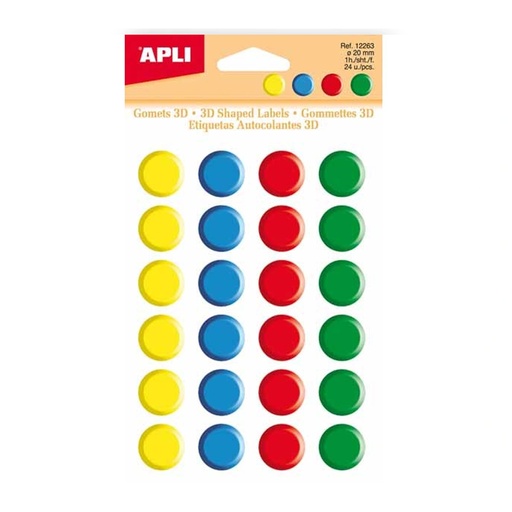 Gomets adhesivos 3D circulares 20 mm 4 colores (Blíster 24 unidades)